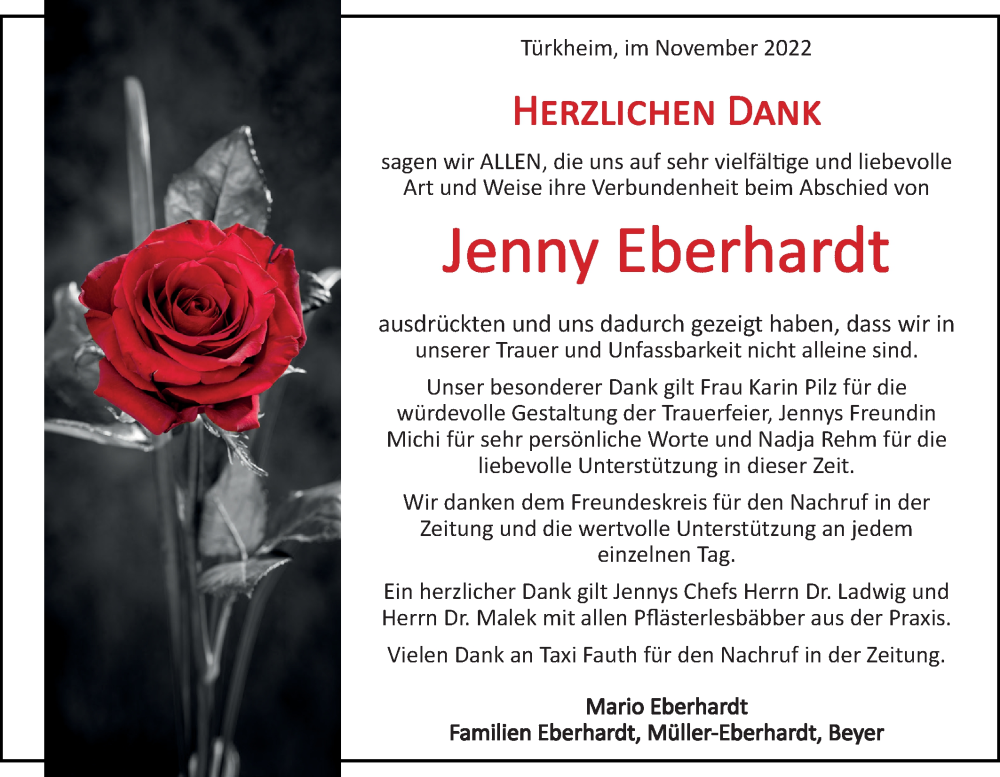  Traueranzeige für Jenny Eberhardt vom 19.11.2022 aus Geislinger Zeitung
