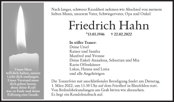 Traueranzeige von Friedrich Hahn von Hohenloher Tagblatt