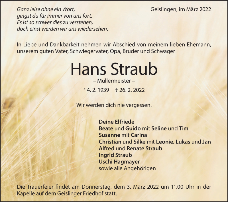  Traueranzeige für Hans Straub vom 01.03.2022 aus Geislinger Zeitung