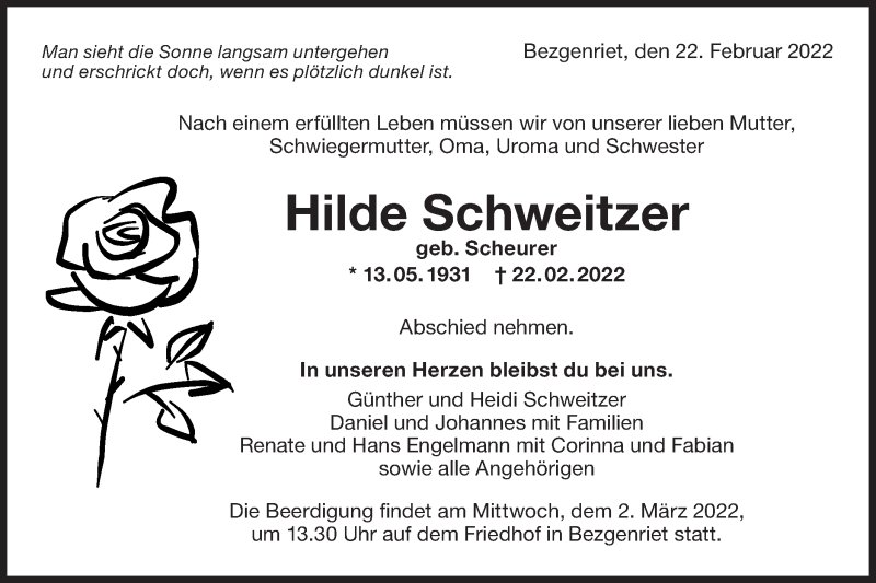  Traueranzeige für Hilde Schweitzer vom 26.02.2022 aus NWZ Neue Württembergische Zeitung