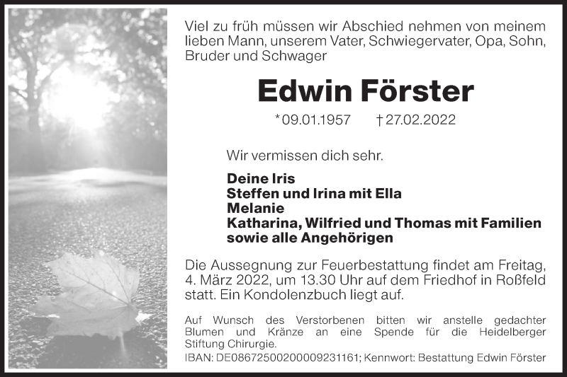  Traueranzeige für Edwin Förster vom 02.03.2022 aus Hohenloher Tagblatt