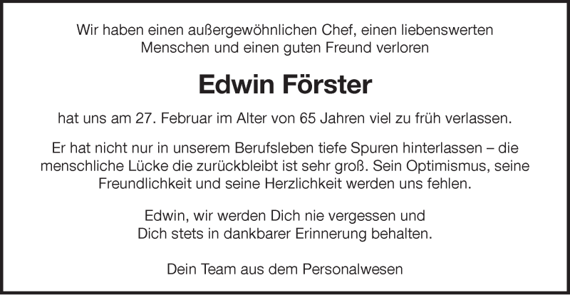  Traueranzeige für Edwin Förster vom 02.03.2022 aus Hohenloher Tagblatt