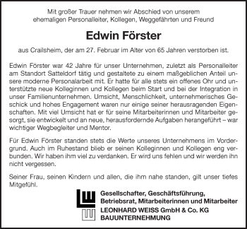 Traueranzeige von Edwin Förster von NWZ Neue Württembergische Zeitung