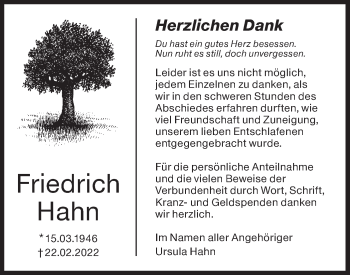 Traueranzeige von Friedrich Hahn von Hohenloher Tagblatt