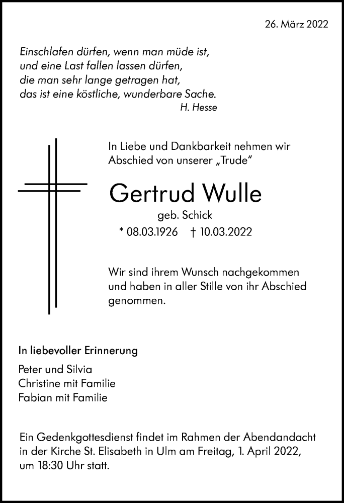  Traueranzeige für Gertrud Wulle vom 26.03.2022 aus SÜDWEST PRESSE Ausgabe Ulm/Neu-Ulm