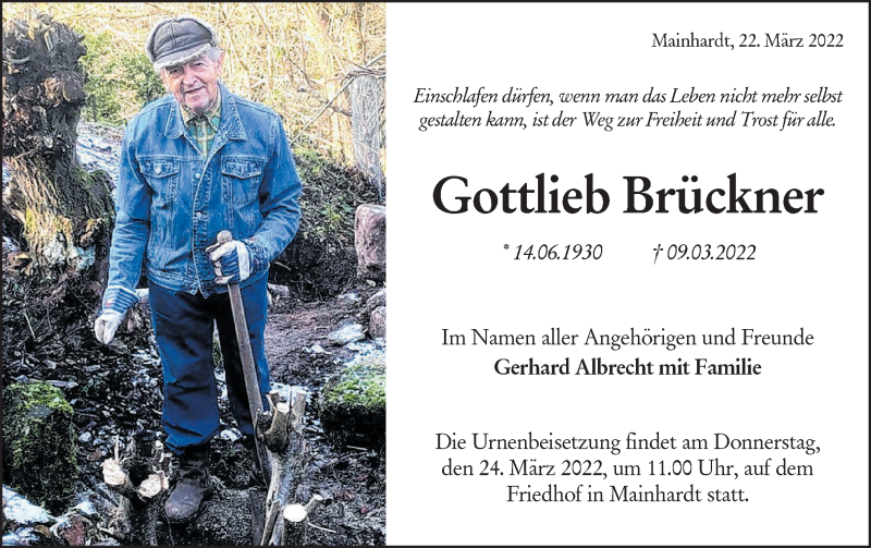  Traueranzeige für Gottlieb Brückner vom 22.03.2022 aus Haller Tagblatt