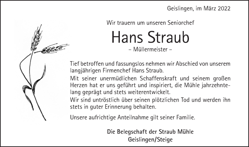  Traueranzeige für Hans Straub vom 02.03.2022 aus Geislinger Zeitung