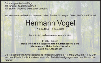 Traueranzeige von Hermann Vogel von Geislinger Zeitung