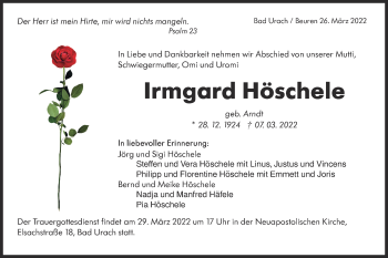 Traueranzeige von Irmgard Höschele von Metzinger-Uracher Volksblatt
