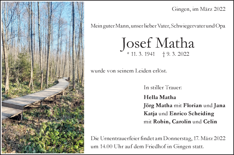  Traueranzeige für Josef Matha vom 14.03.2022 aus Geislinger Zeitung