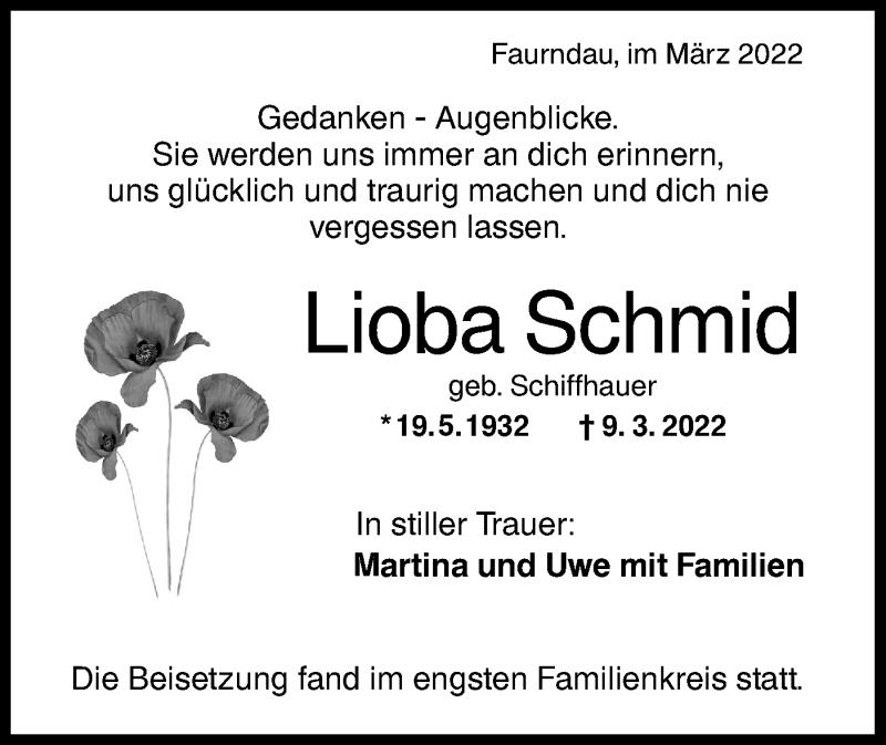  Traueranzeige für Lioba Schmid vom 19.03.2022 aus NWZ Neue Württembergische Zeitung