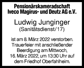 Traueranzeige von Ludwig Junginger von SÜDWEST PRESSE Ausgabe Ulm/Neu-Ulm