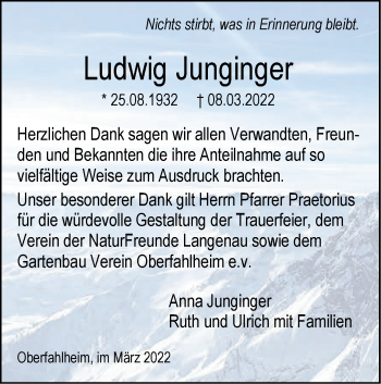 Traueranzeige von Ludwig Junginger von SÜDWEST PRESSE Ausgabe Ulm/Neu-Ulm