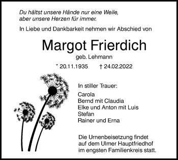 Traueranzeige von Margot Frierdich von SÜDWEST PRESSE Ausgabe Ulm/Neu-Ulm