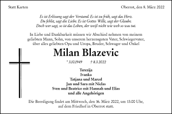 Traueranzeige von Milan Blazevic von Rundschau Gaildorf