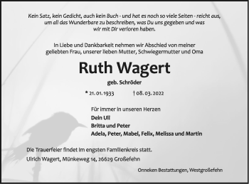 Traueranzeige von Ruth Wagert von SÜDWEST PRESSE Ausgabe Ulm/Neu-Ulm
