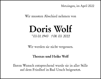 Traueranzeige von Doris Wolf von Metzinger-Uracher Volksblatt