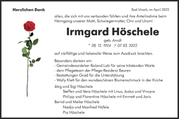 Traueranzeige von Irmgard Höschele von Metzinger-Uracher Volksblatt