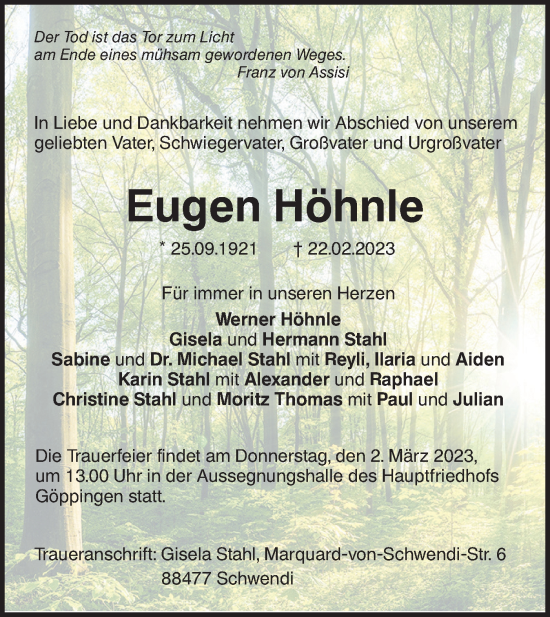 Traueranzeige von Eugen Höhnle von NWZ Neue Württembergische Zeitung