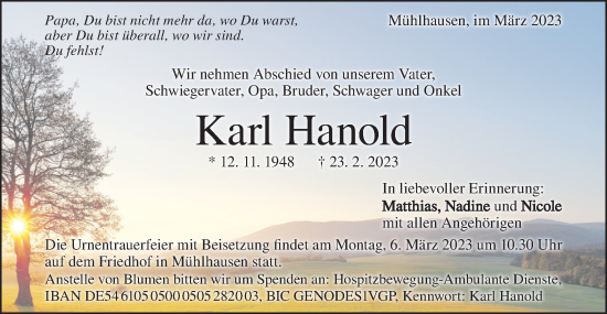 Traueranzeige von Karl Hanold von Geislinger Zeitung