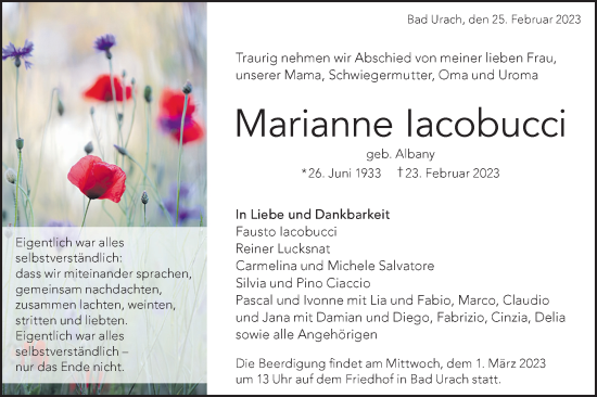 Traueranzeige von Marianne lacobucci von Metzinger-Uracher Volksblatt