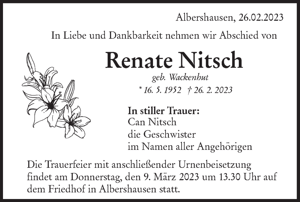  Traueranzeige für Renate Nitsch vom 28.02.2023 aus NWZ Neue Württembergische Zeitung