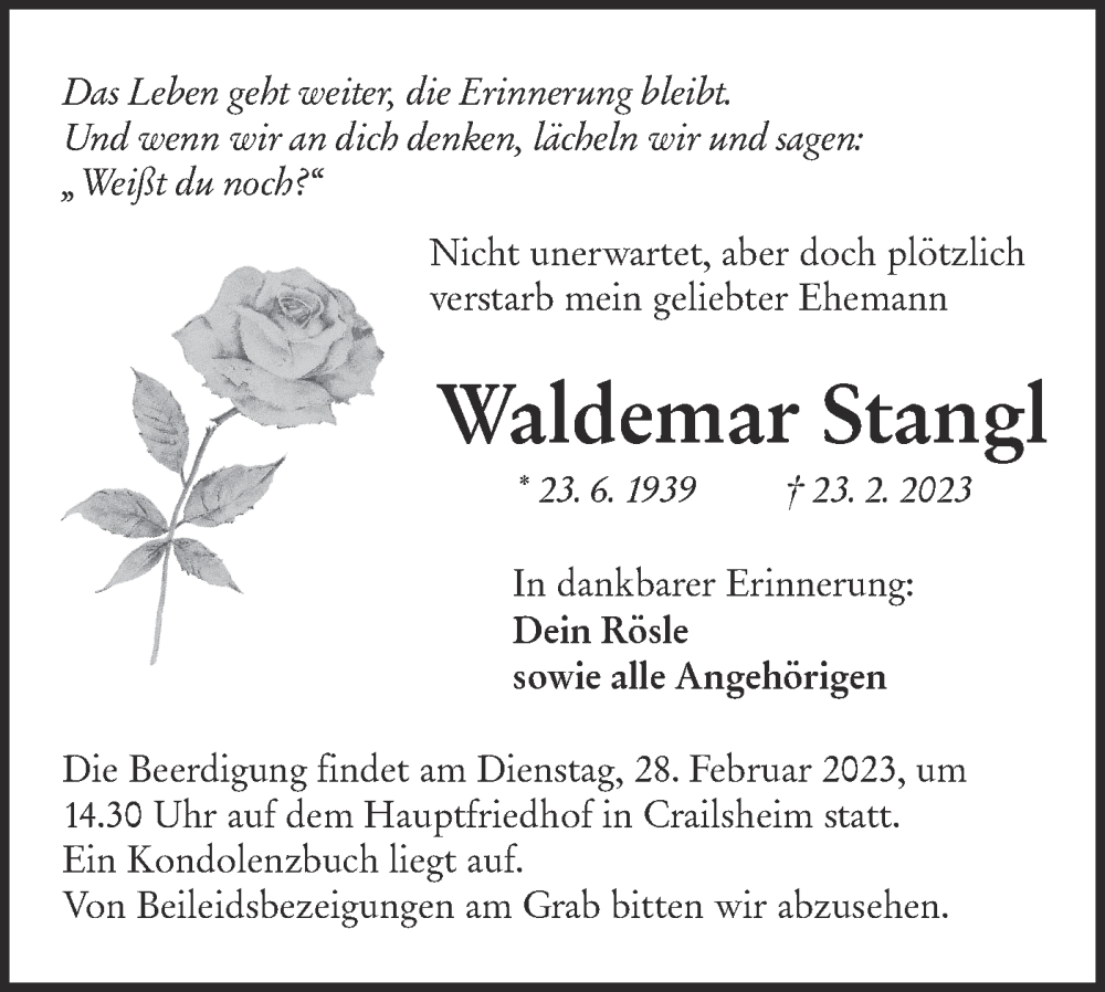 Traueranzeige für Waldemar Stangl vom 25.02.2023 aus Hohenloher Tagblatt
