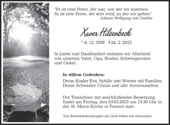 Traueranzeige von Xaver Hilsenbeck von Haller Tagblatt