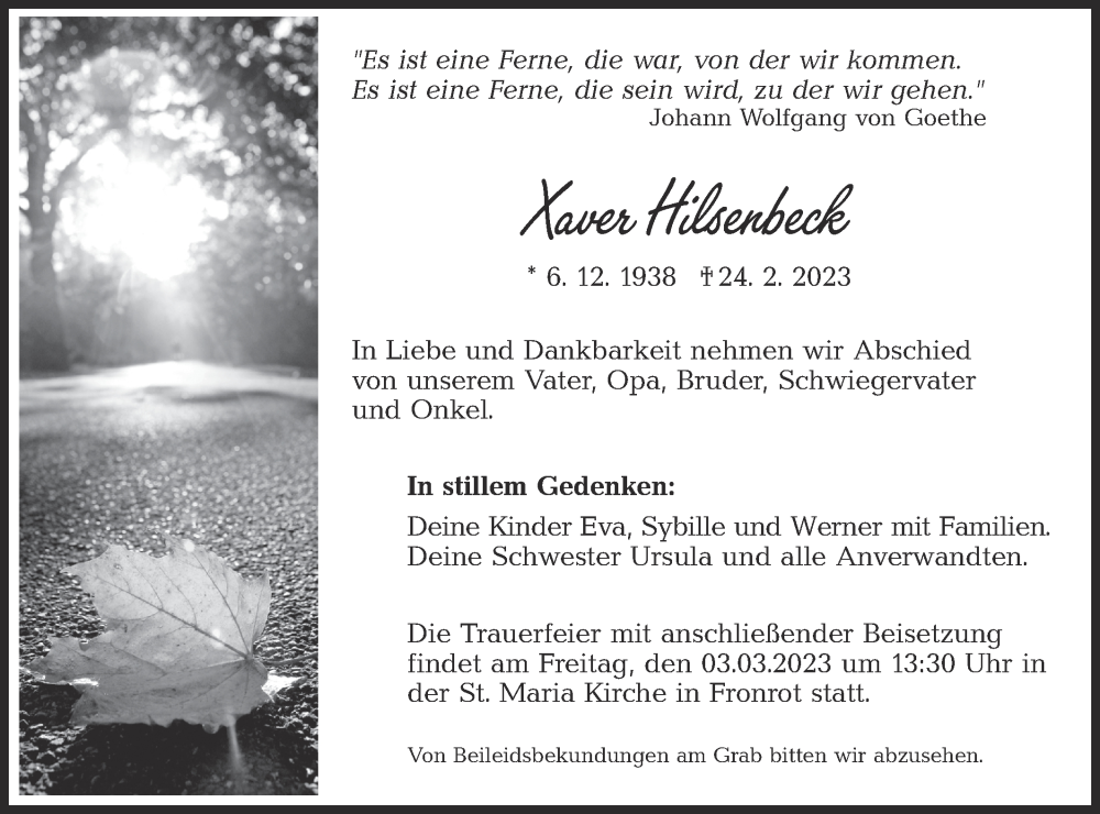  Traueranzeige für Xaver Hilsenbeck vom 01.03.2023 aus Haller Tagblatt