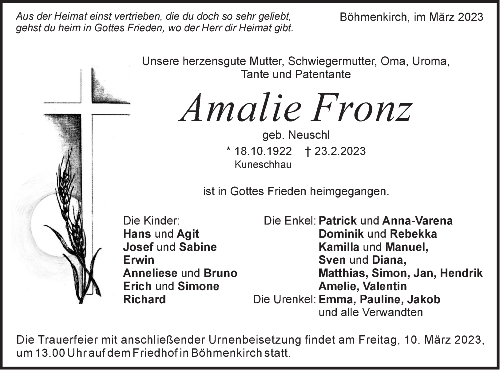  Traueranzeige für Amalie Fronz vom 07.03.2023 aus Geislinger Zeitung
