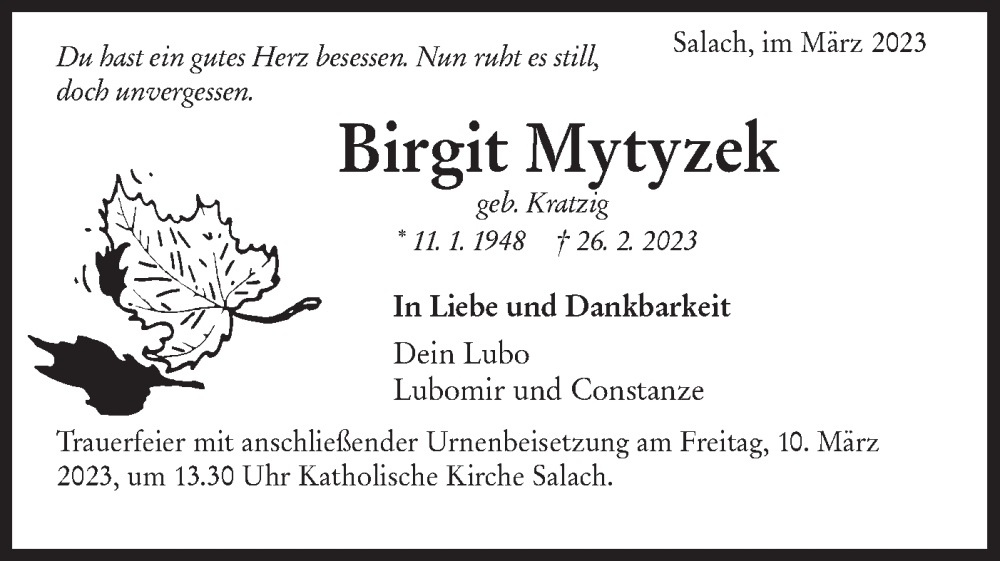  Traueranzeige für Brgit Mytyzek vom 04.03.2023 aus NWZ Neue Württembergische Zeitung