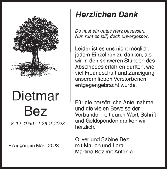 Traueranzeige von Dietmar Bez von NWZ Neue Württembergische Zeitung