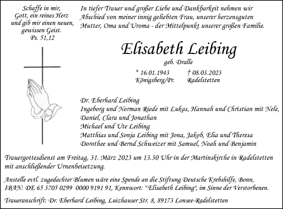 Traueranzeige von Elisabeth Leibing von SÜDWEST PRESSE Ausgabe Ulm/Neu-Ulm