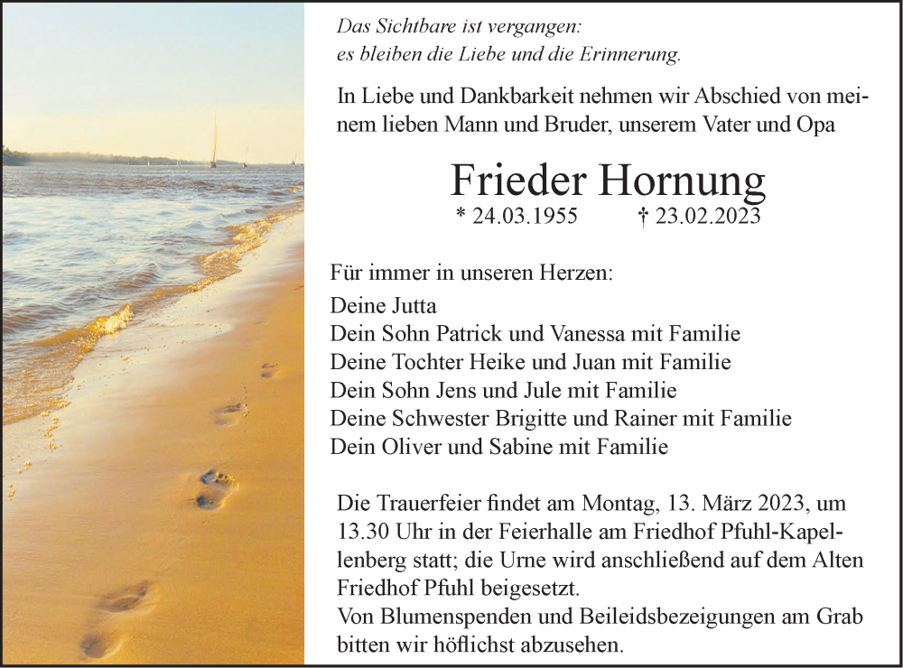  Traueranzeige für Frieder Hornung vom 04.03.2023 aus SÜDWEST PRESSE Ausgabe Ulm/Neu-Ulm