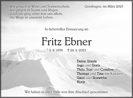 Traueranzeige von Fritz Ebner von Geislinger Zeitung