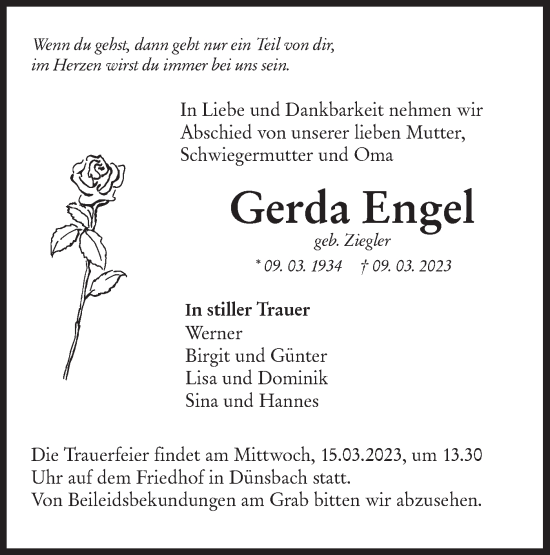 Traueranzeige von Gerda Engel von Hohenloher Tagblatt