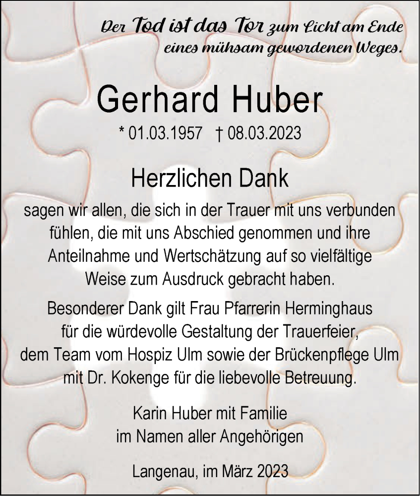  Traueranzeige für Gerhard Huber vom 25.03.2023 aus SÜDWEST PRESSE Ausgabe Ulm/Neu-Ulm