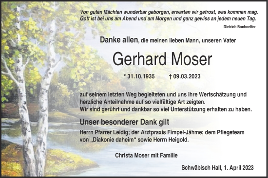 Traueranzeige von Gerhard Moser von Haller Tagblatt