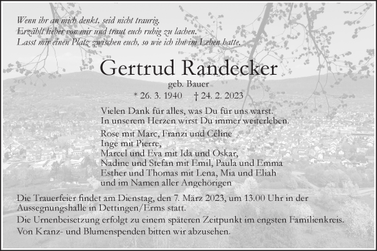 Traueranzeige von Gertrud Randecker von Metzinger-Uracher Volksblatt