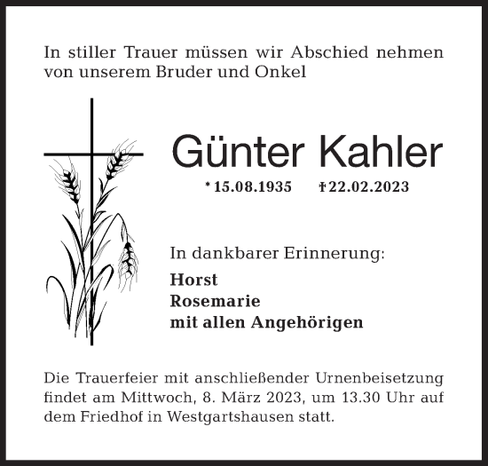 Traueranzeige von Günter Kahler von Hohenloher Tagblatt