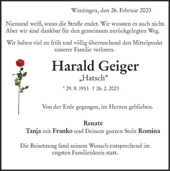 Traueranzeige von Harald Geiger von NWZ Neue Württembergische Zeitung