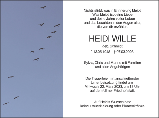 Traueranzeige von Heidi Wille von SÜDWEST PRESSE Ausgabe Ulm/Neu-Ulm