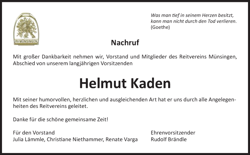  Traueranzeige für Helmut Kaden vom 08.03.2023 aus Alb-Bote/Metzinger-Uracher Volksblatt