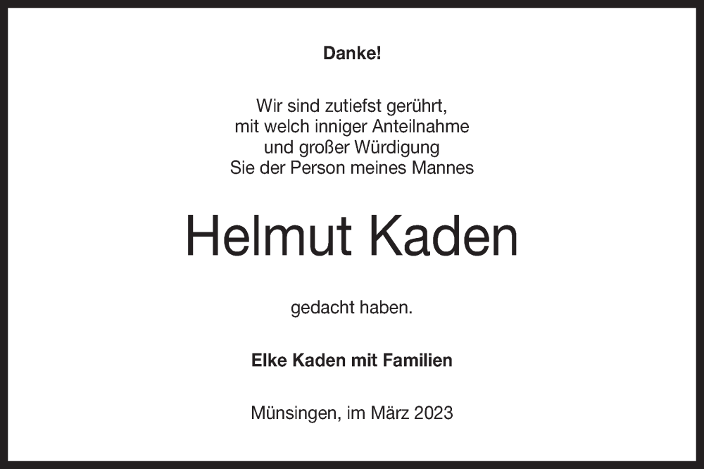  Traueranzeige für Helmut Kaden vom 15.03.2023 aus Alb-Bote/Metzinger-Uracher Volksblatt