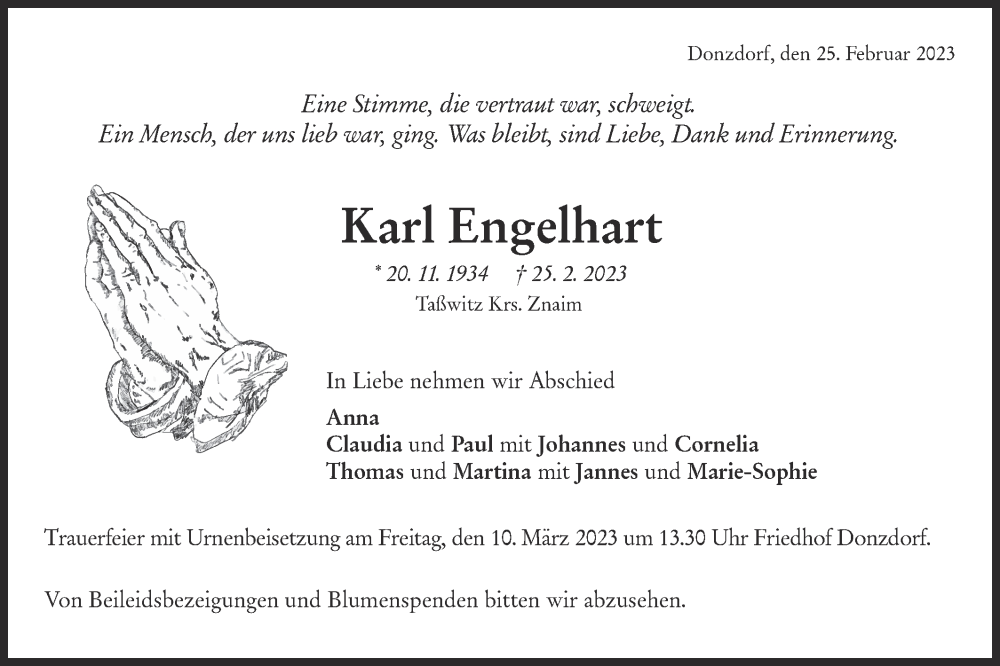  Traueranzeige für Karl Engelhart vom 07.03.2023 aus NWZ Neue Württembergische Zeitung
