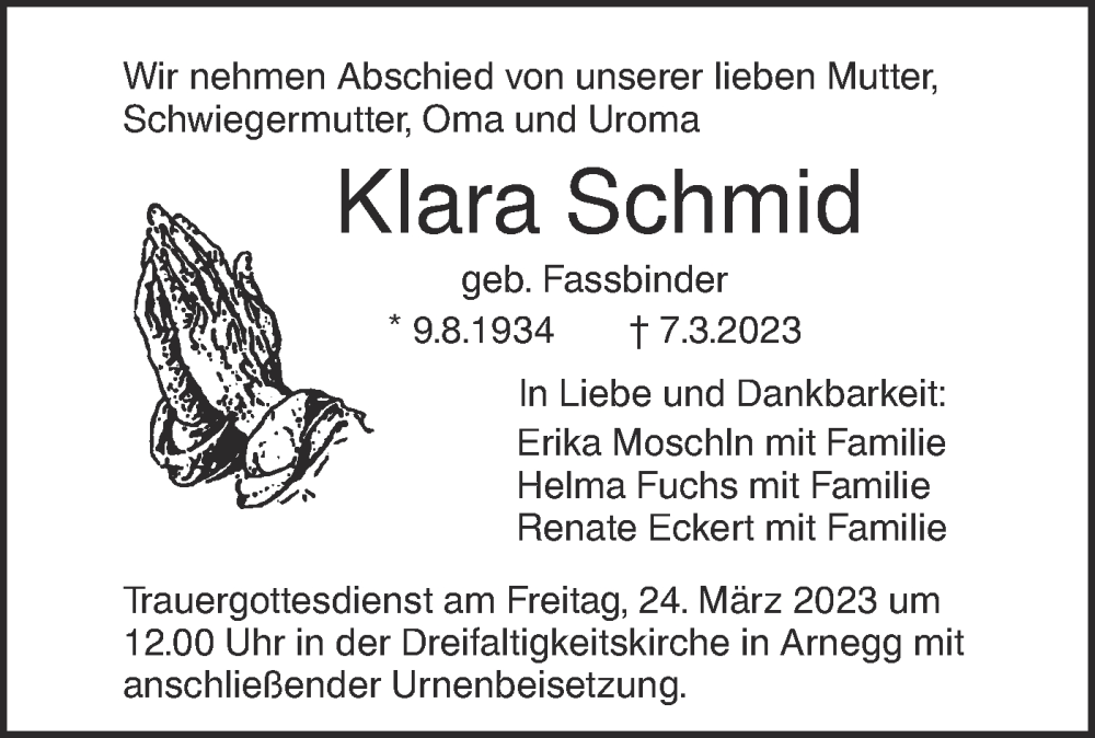  Traueranzeige für Klara Schmid vom 18.03.2023 aus SÜDWEST PRESSE Ausgabe Ulm/Neu-Ulm