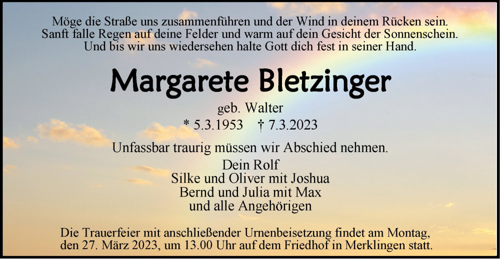  Traueranzeige für Margarete Bletzinger vom 22.03.2023 aus SÜDWEST PRESSE Ausgabe Ulm/Neu-Ulm