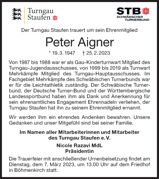 Traueranzeige von Peter Aigner von NWZ Neue Württembergische Zeitung/Geislinger Zeitung