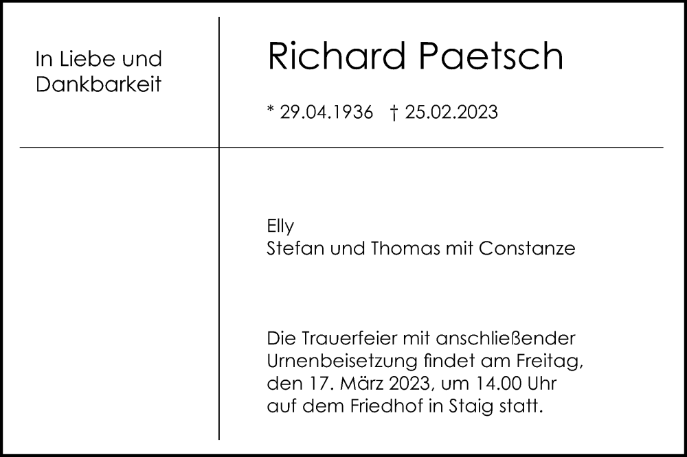  Traueranzeige für Richard Paetsch vom 04.03.2023 aus SÜDWEST PRESSE Ausgabe Ulm/Neu-Ulm
