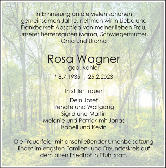 Traueranzeige von Rosa Wagner von SÜDWEST PRESSE Ausgabe Ulm/Neu-Ulm